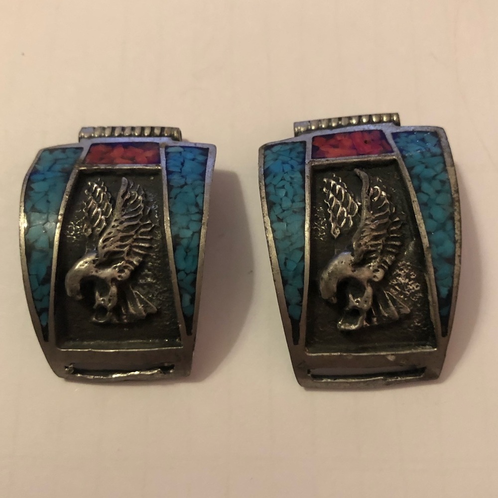 vintage silver crushed turquoise &coral watch tips